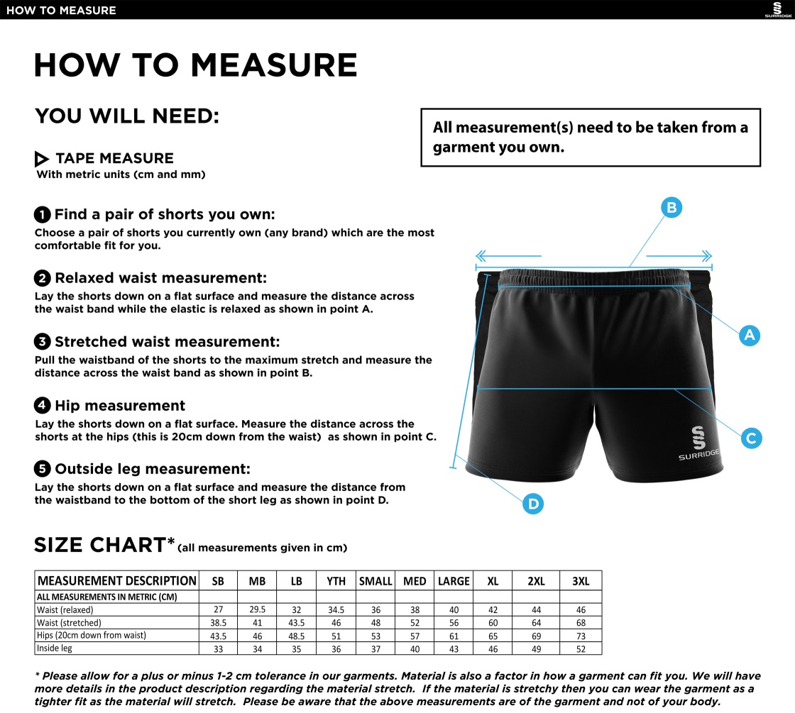 Great Harwood CC - Performance Gym Short - Size Guide