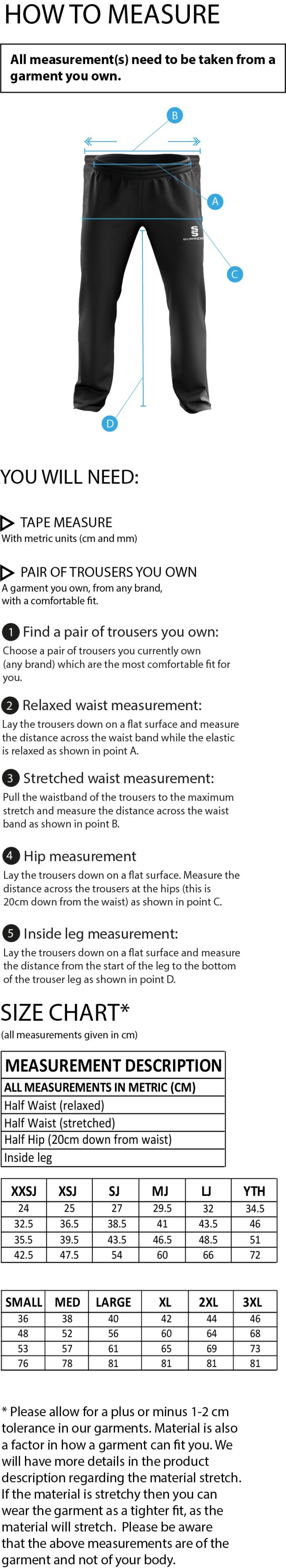 Great Harwood CC - Poplin Track Pant With Lycra - Size Guide