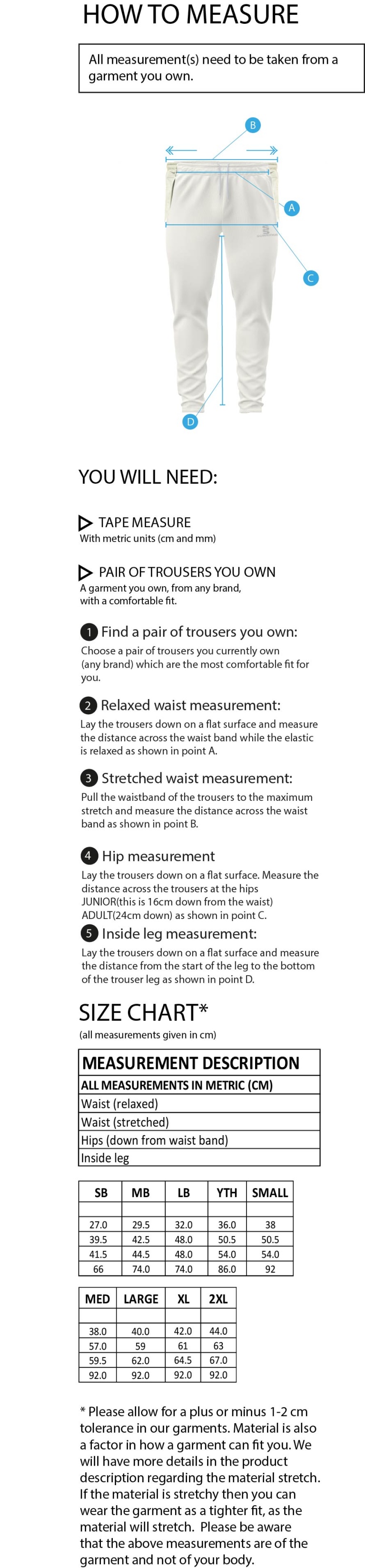 Great Harwood CC - Blade Playing Pant - Size Guide