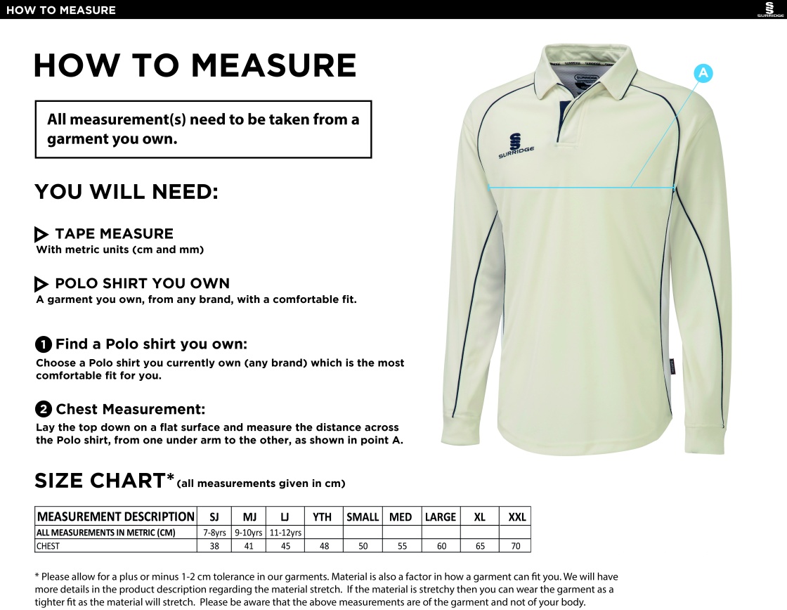 Great Harwood CC - Premier Long Sleeve Shirt - Size Guide