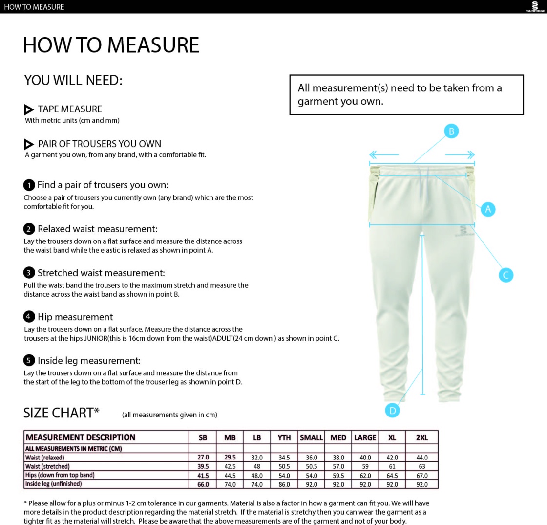 Great Harwood Hawks Playing Pants - Size Guide