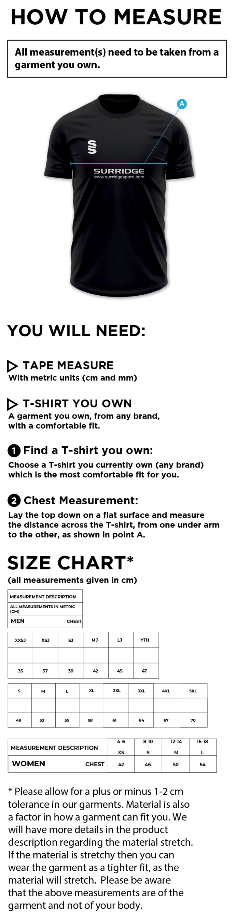 Great Harwood CC - Long Sleeved Cricket Shirt - Size Guide