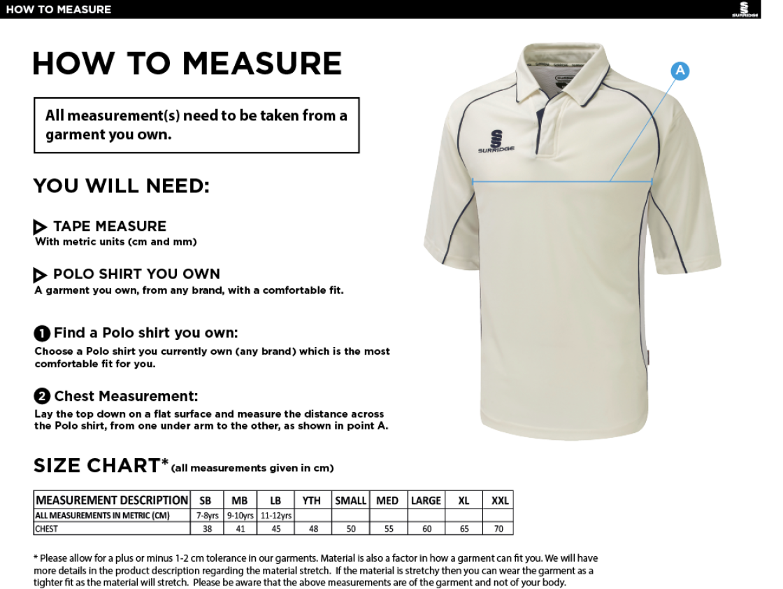 Great Harwood CC - Premier 3/4 Sleeve Shirt - Size Guide