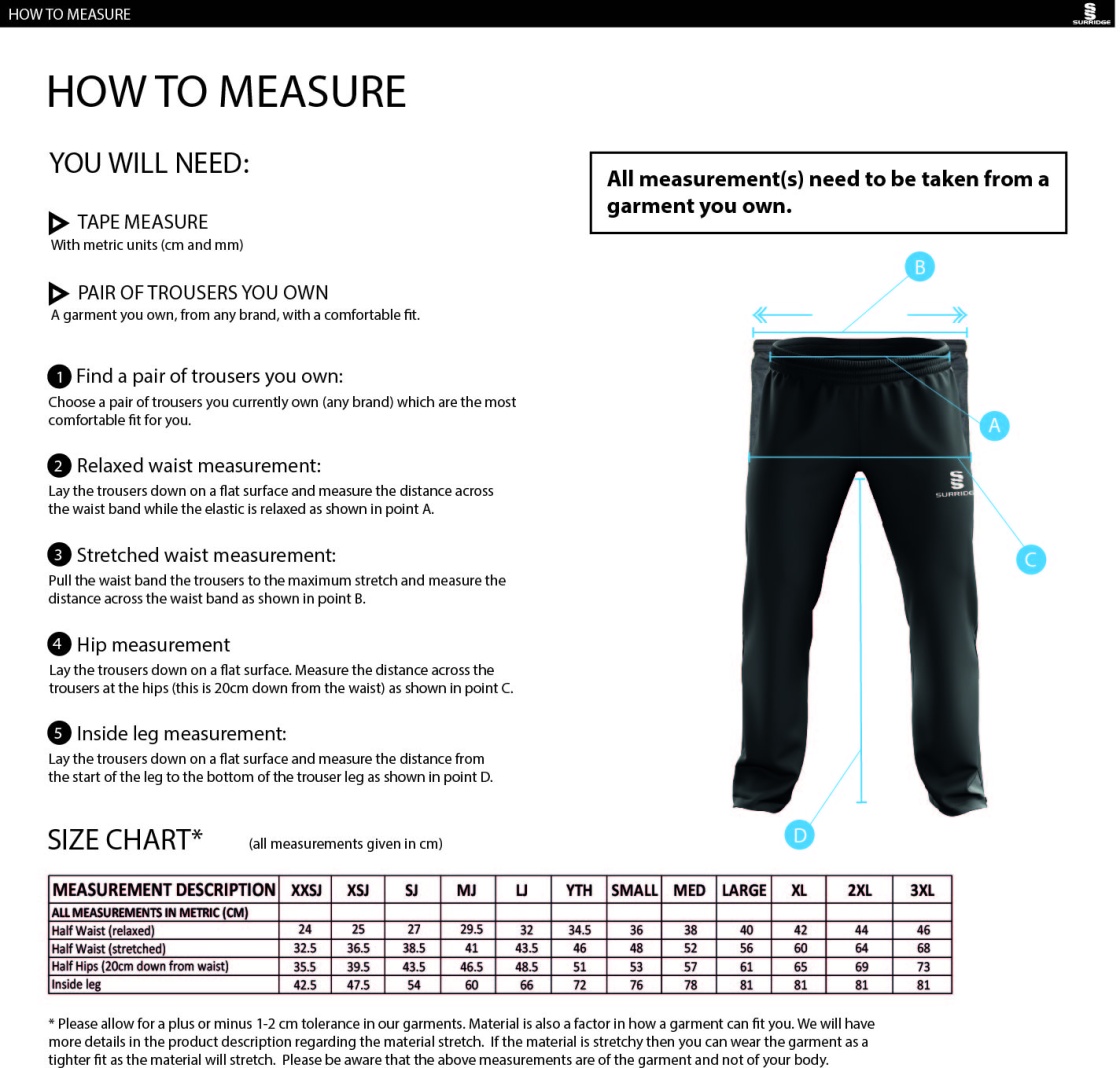 Great Harwood CC - Poplin Track Pant With Lycra - Size Guide