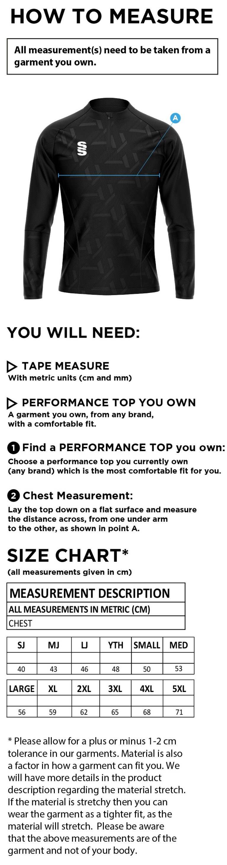 Great Harwood CC - Impact 1/4 Zip Performance Top - Size Guide