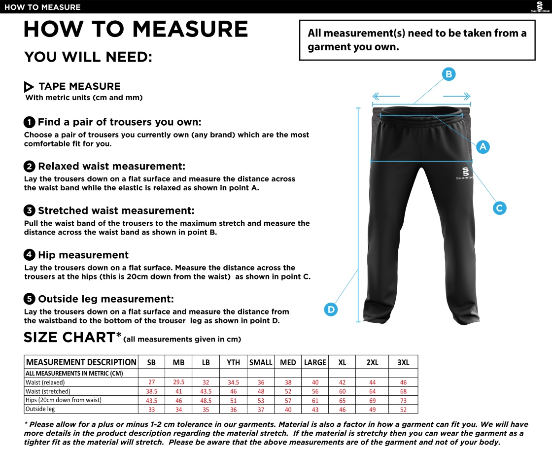 GREAT HARWOOD CC Rip Stop Track Pant : Navy - Size Guide