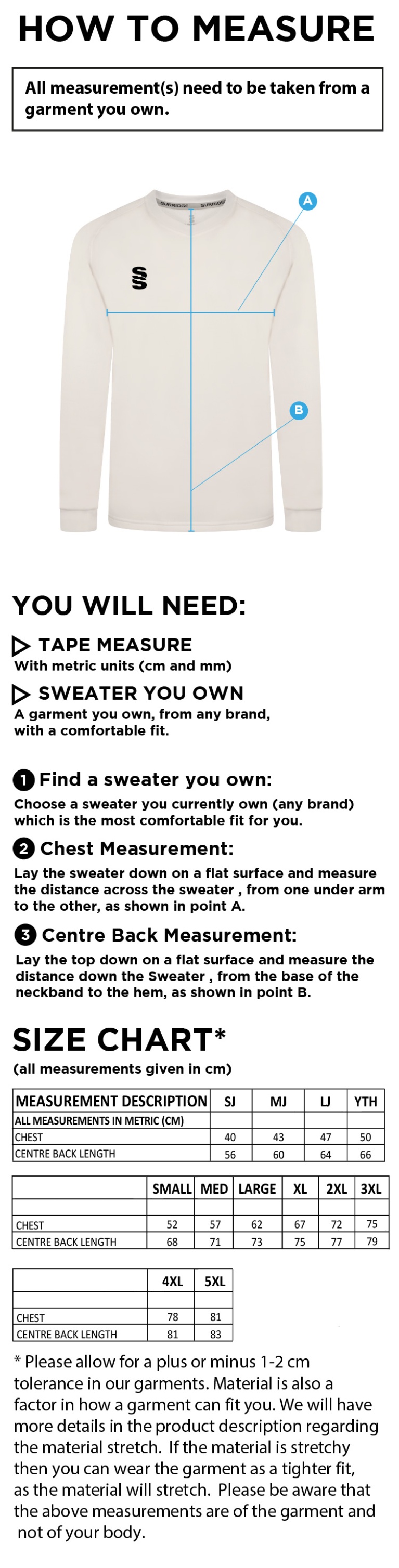 Great Harwood CC - Long Sleeve Cricket Sweater - Size Guide