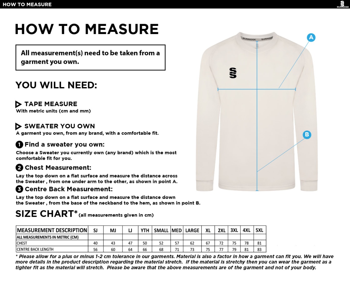 Great Harwood CC - Long Sleeve Cricket Sweater - Size Guide