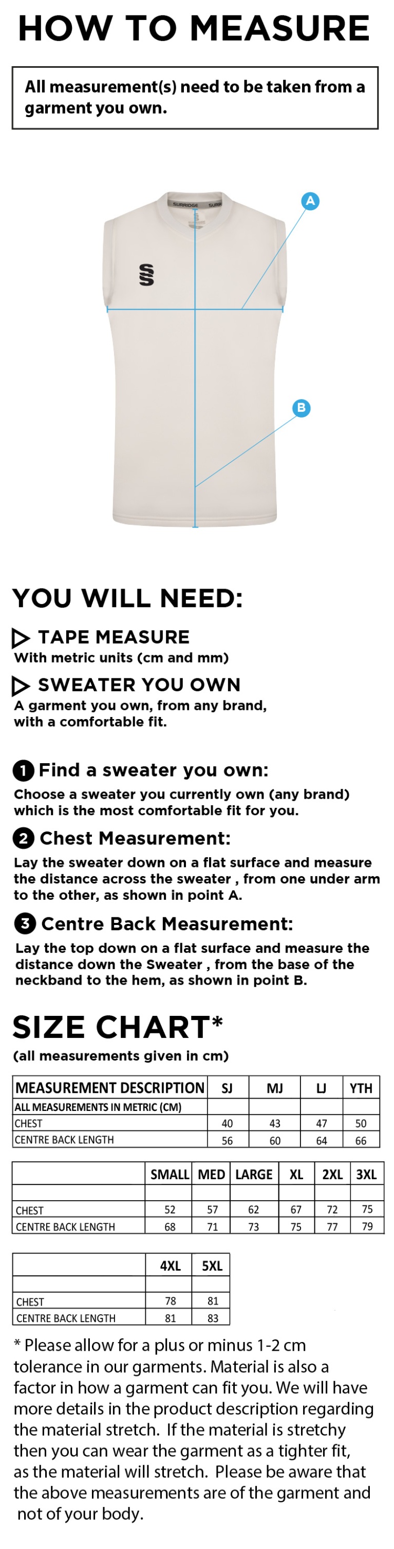 Great Harwood CC - Sleeveless Cricket Sweater - Size Guide