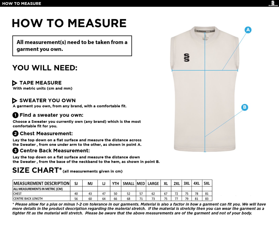 Great Harwood CC - Sleeveless Cricket Sweater - Size Guide