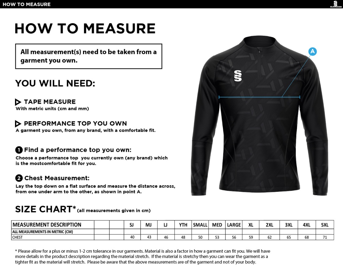 Great Harwood Hawks - Impact 1/4 Zip Performance Top - Size Guide