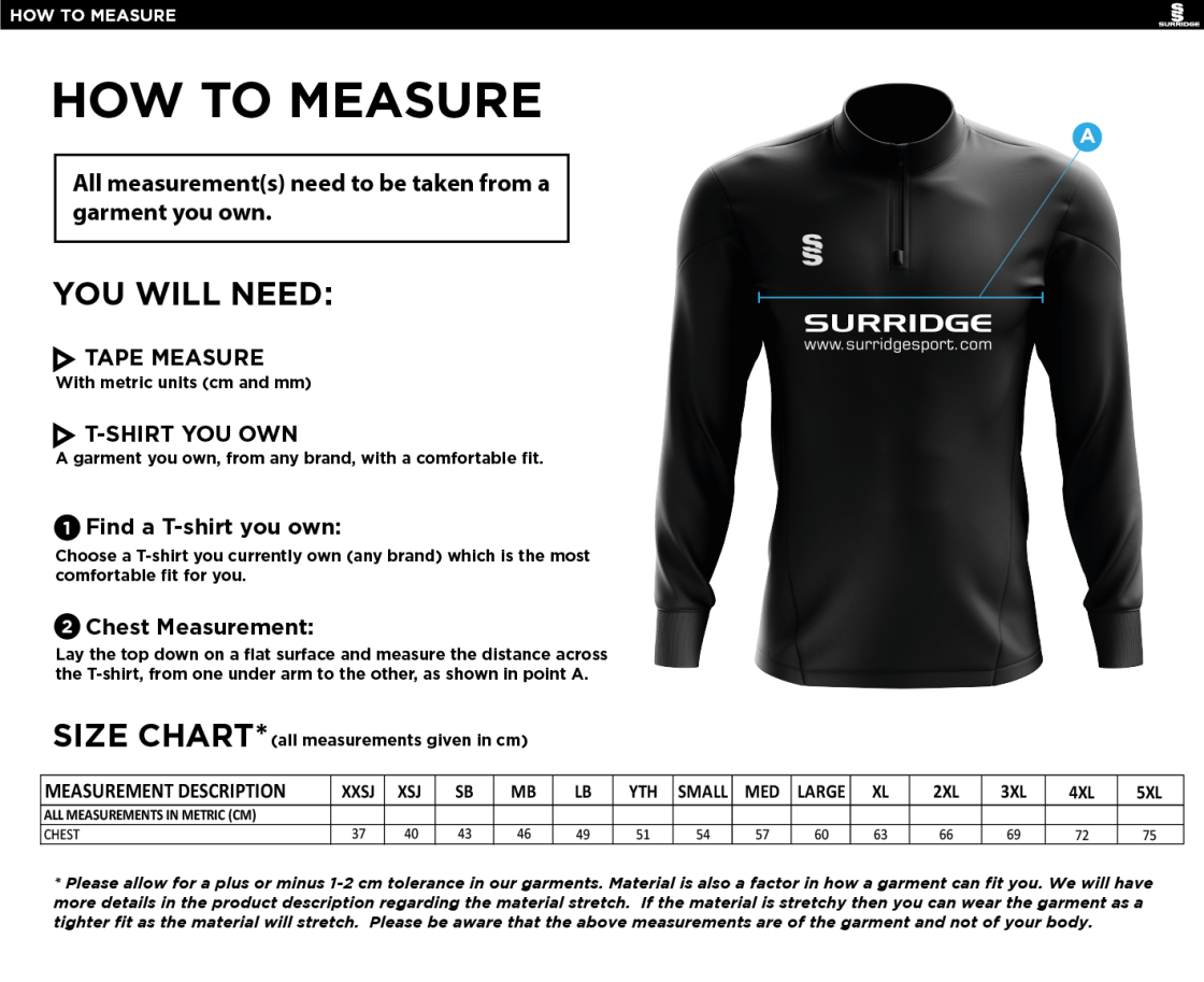 Great Harwood Harriers - 1/4 Zip Dual Performance Top - Size Guide