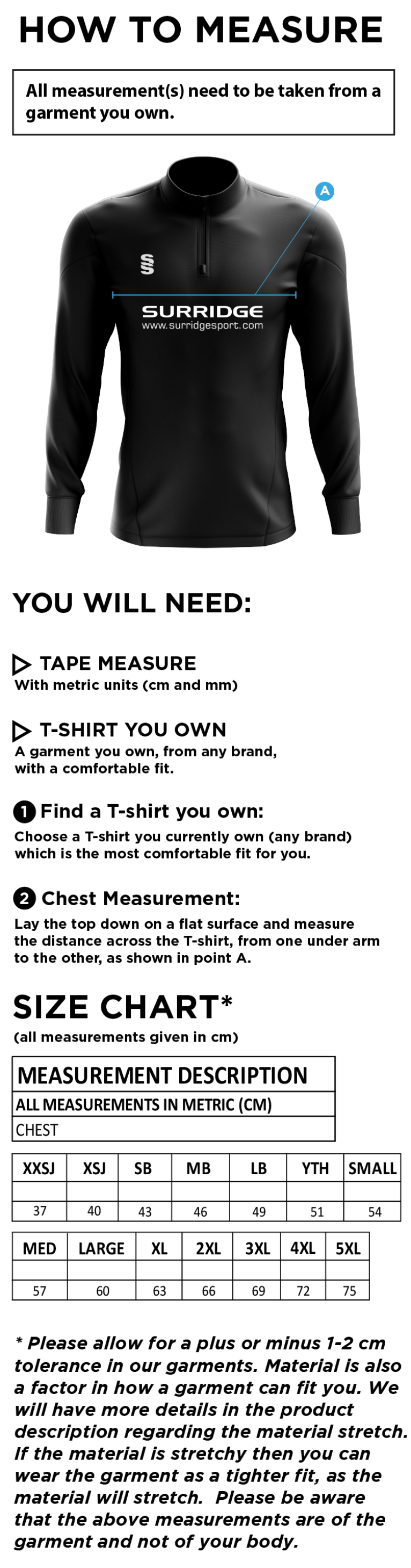 Great Harwood CC - Dual Mid-layer - Size Guide