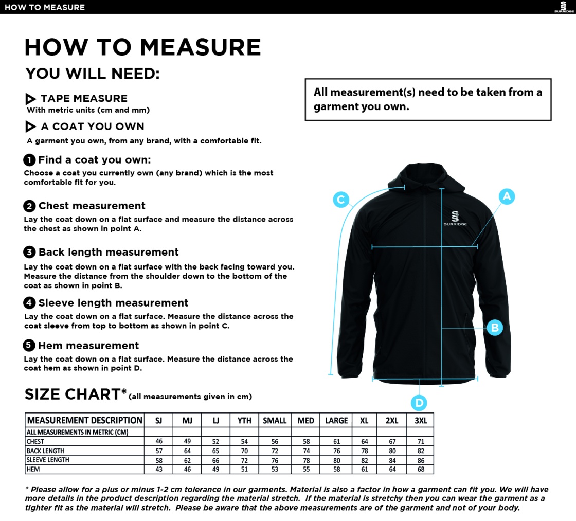 Great Harwood CC - Dual Elite 1/4 Zip Hoody / Rain Jacket - Size Guide