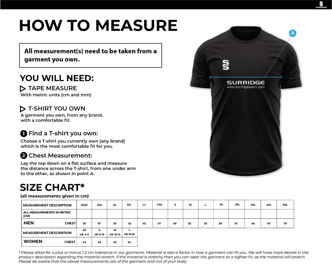 Great Harwood CC - Short Sleeved Cricket Shirt - Size Guide